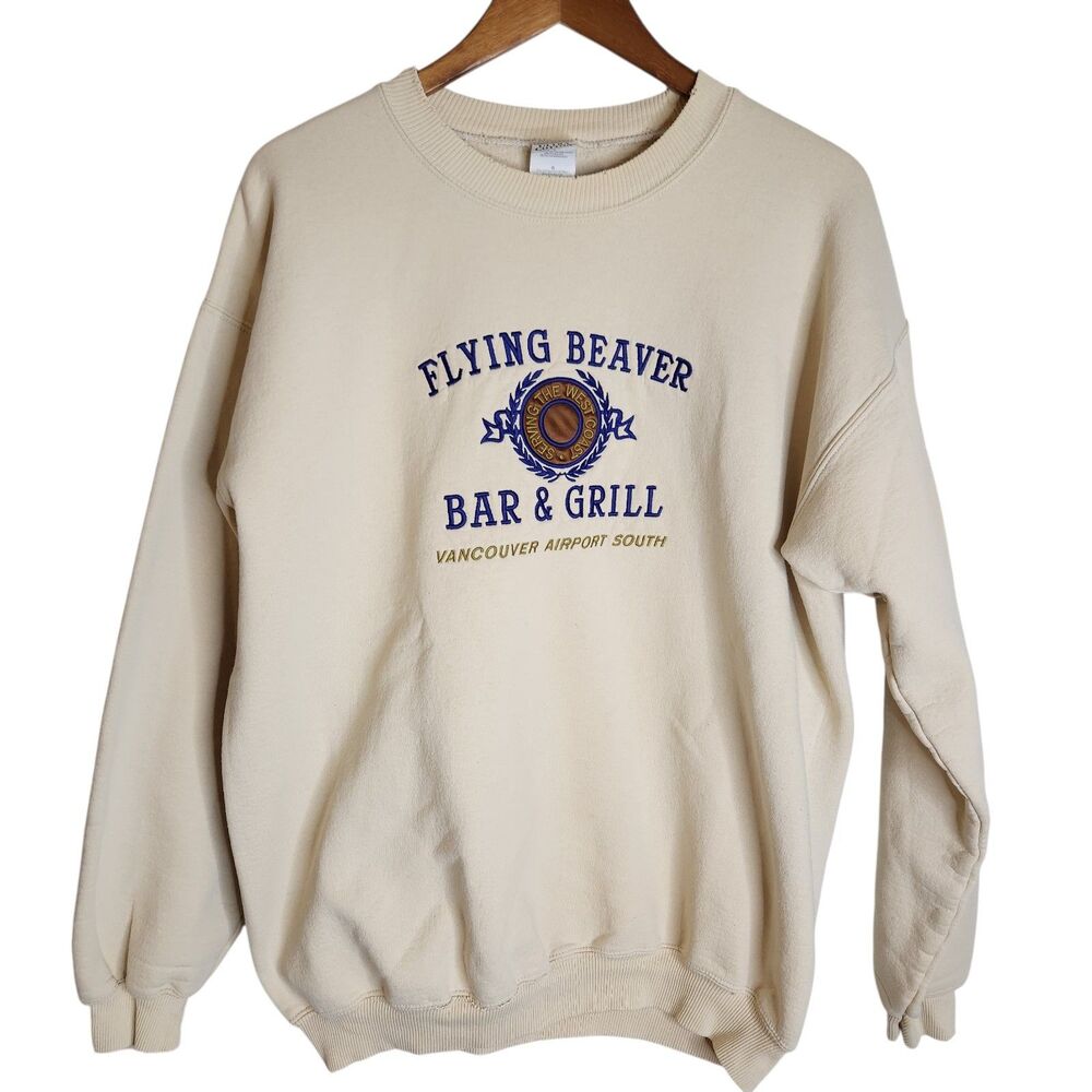 Vtg Flying Beaver Bar & Grill Vancouver Airport Embroidered Sweatshirt Beige L